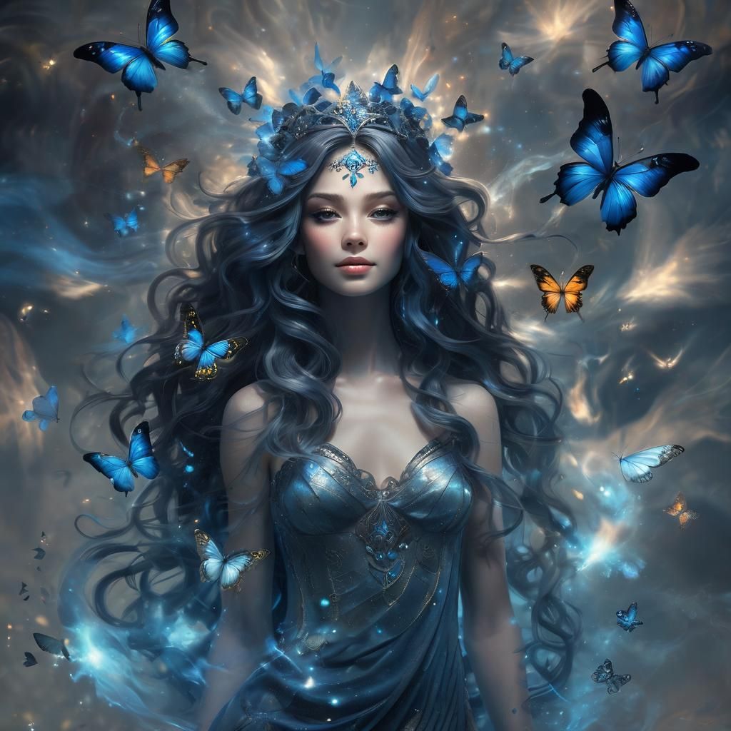 Majestic Goddess with Bioluminescent Glow and Butterflies