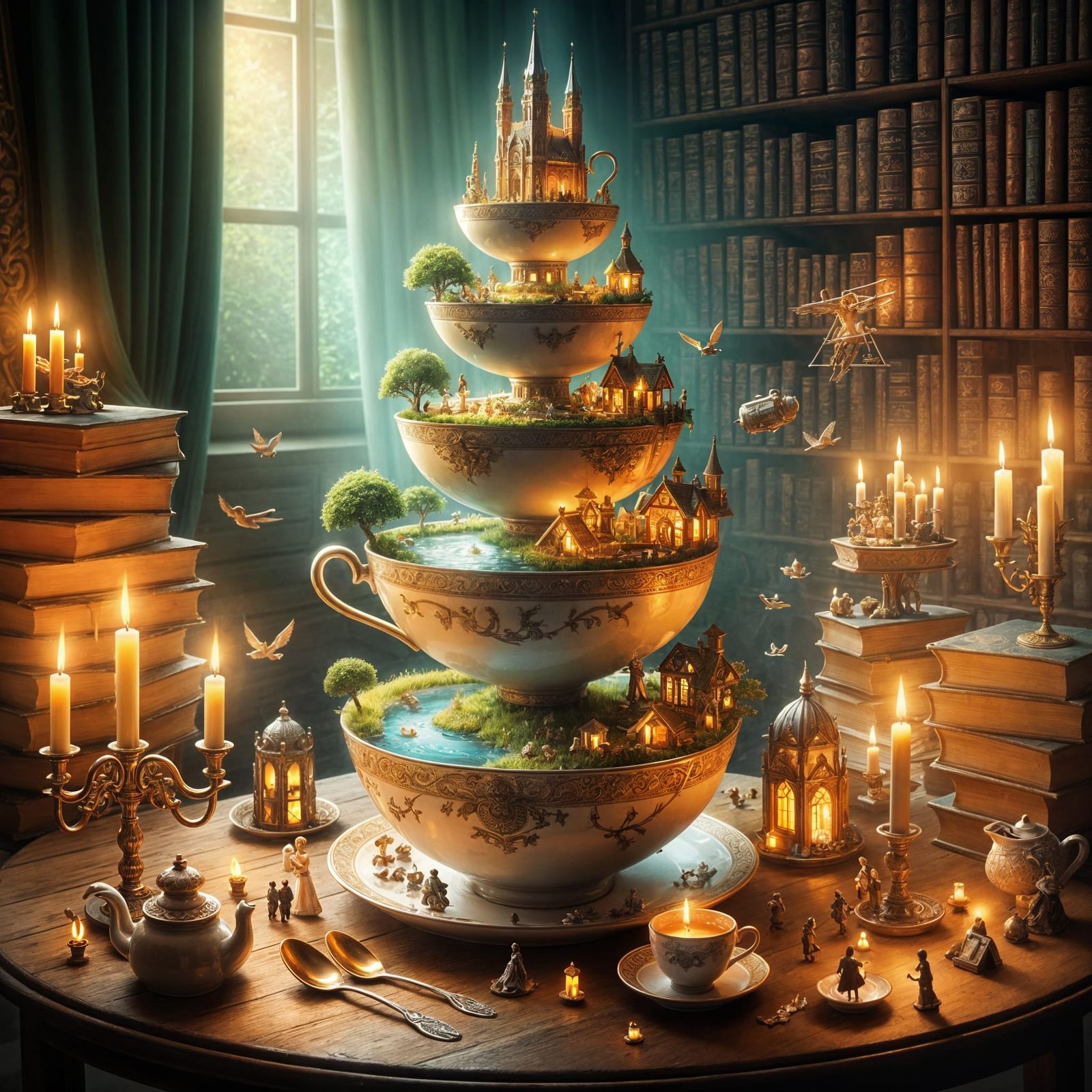 Fantasy Teacup Tower with Miniature World, Digital Art