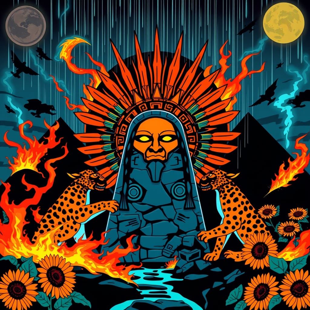 Aztec Sun Stone in 80s Anime Style