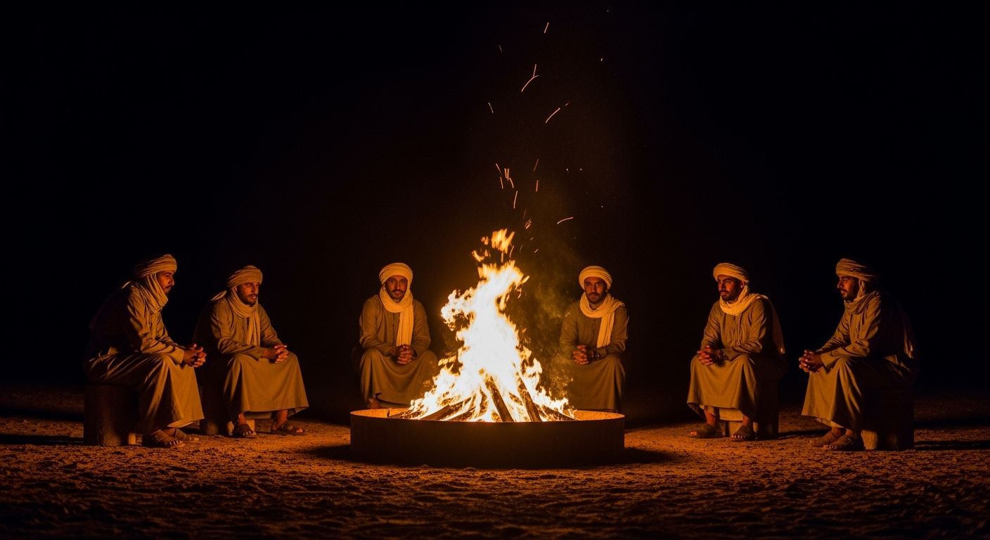 Arabic Tribesmen Around Campfire Under Starlit Night