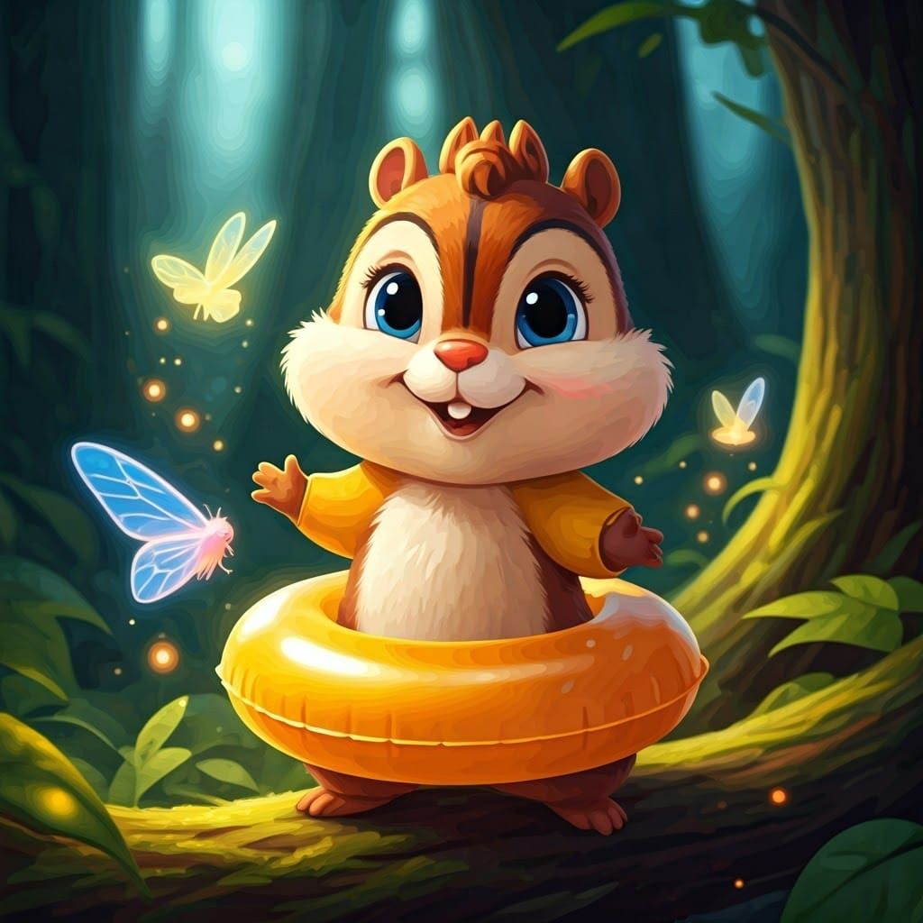 Kawaii art-Cute bimbo chibi mini chipmunks go to the beach merrily holding hands with a super cute face, happy, charming...