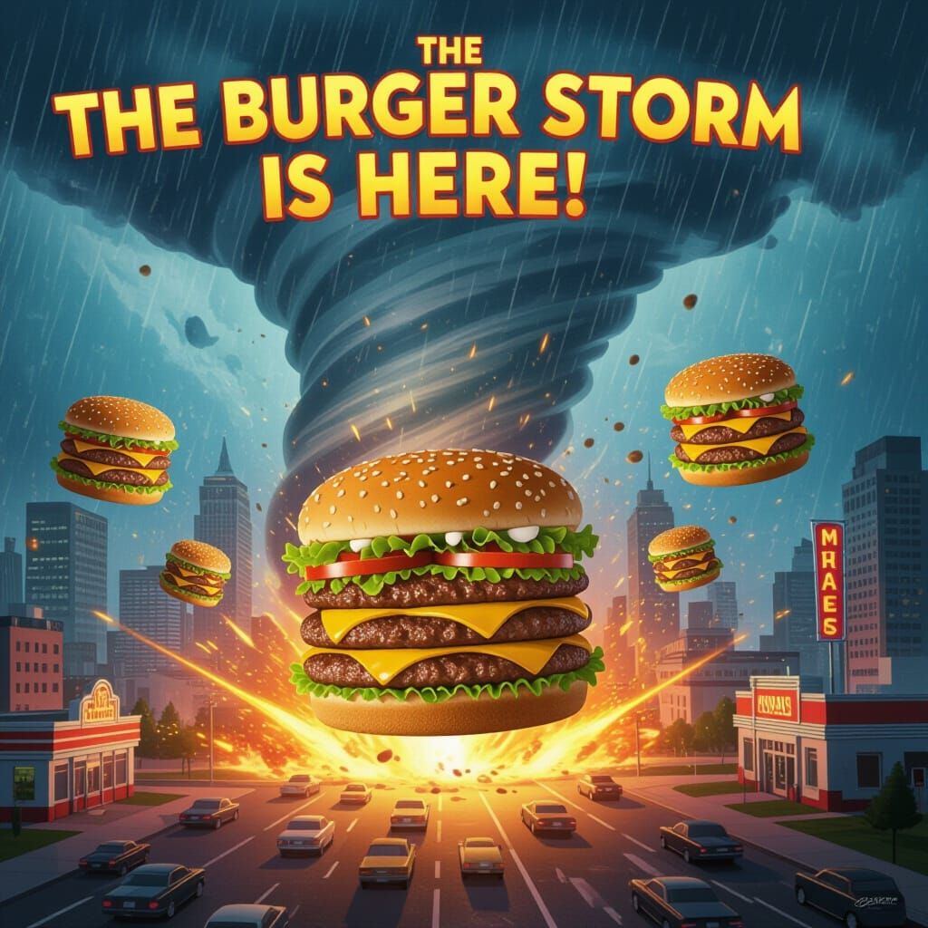 Burger Tornado: A Humorous Retro Advertisement