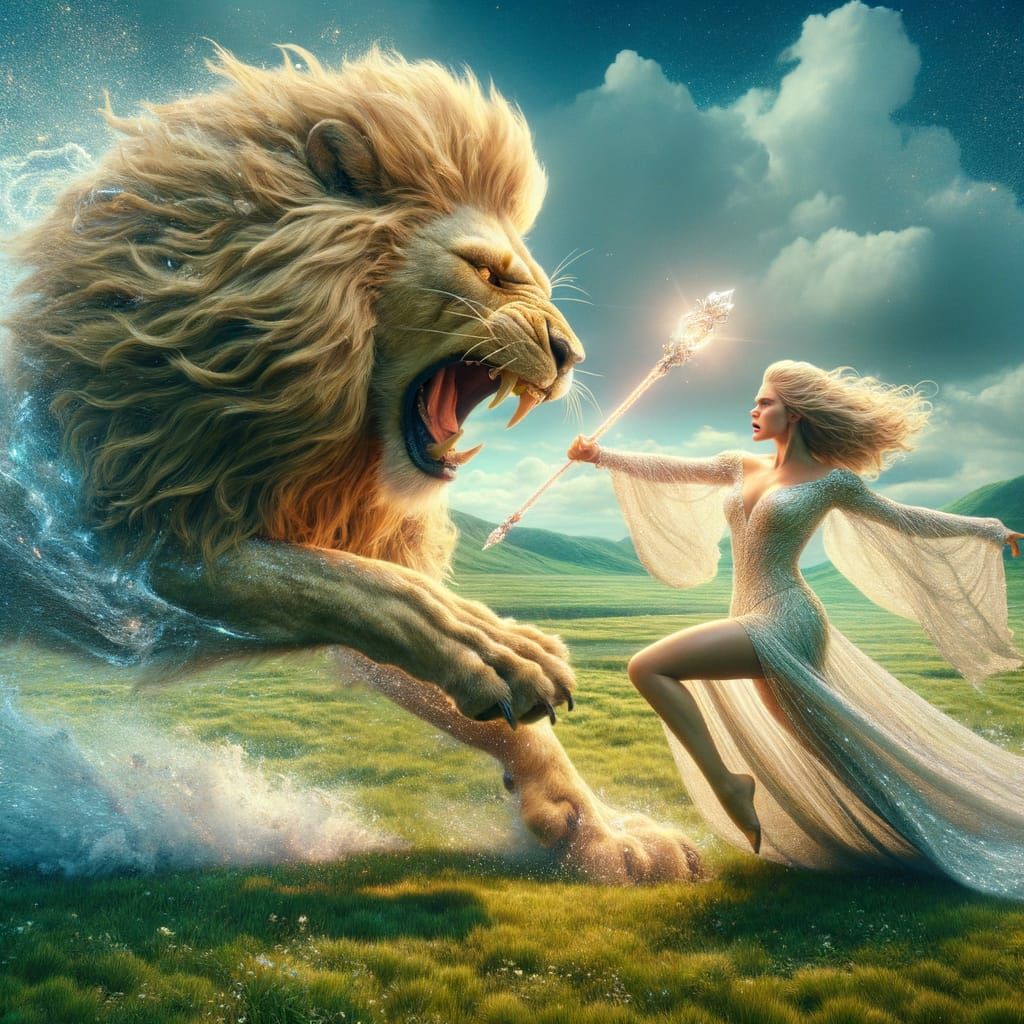 Epic Lion vs White Witch Battle Scene in Stunning Digital Ar...