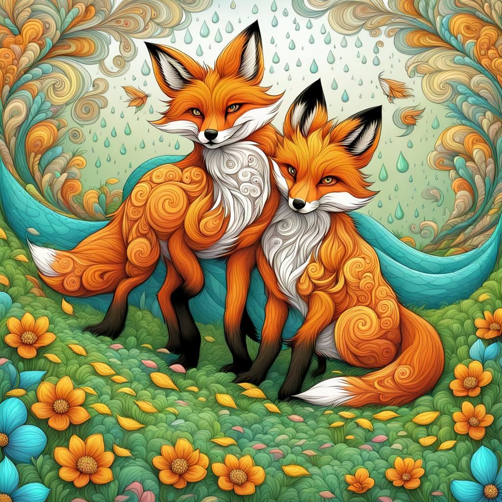 Foxes Play in Blooming Meadow, Vector Art