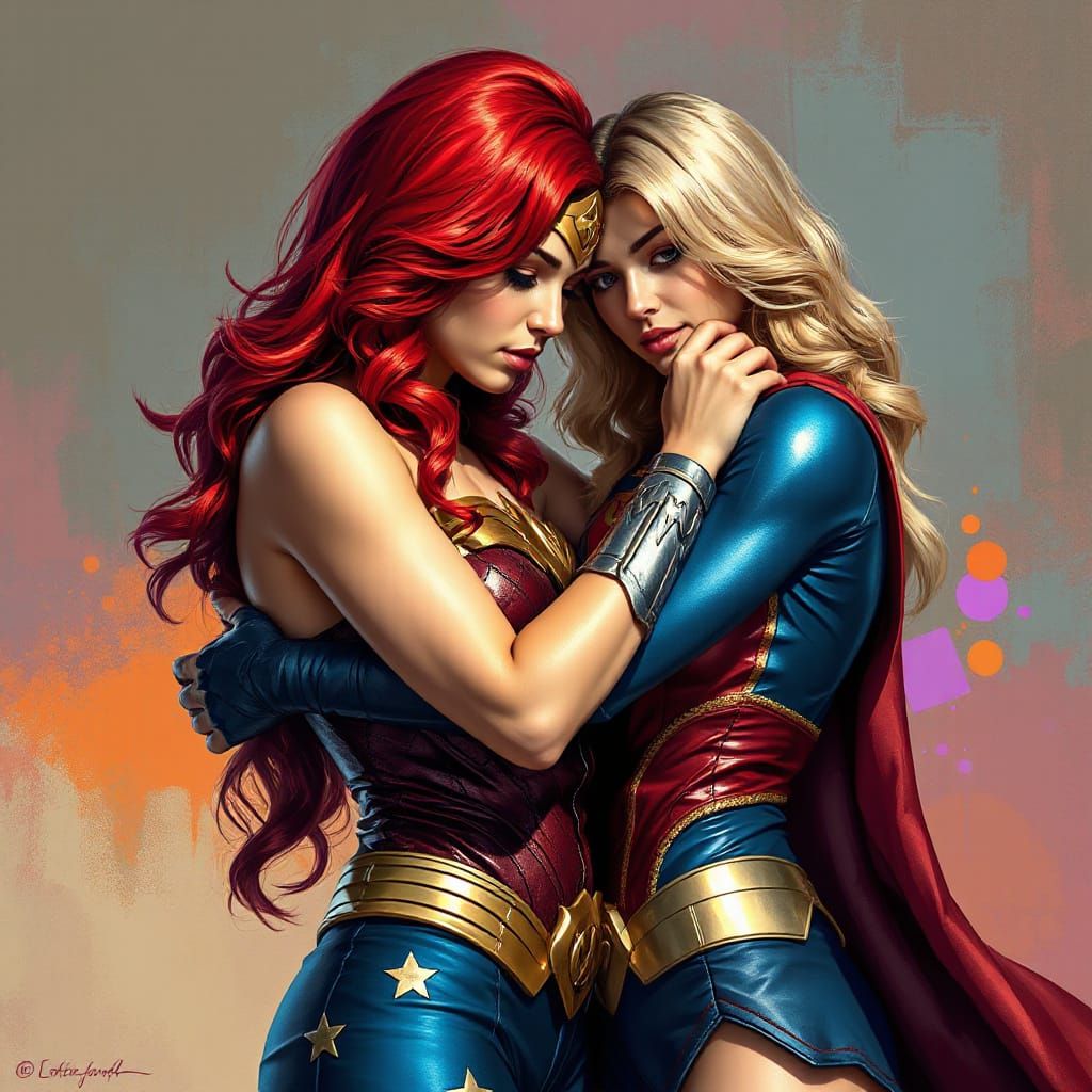 Wonder Woman and Supergirl Embrace, Hyperrealistic Art