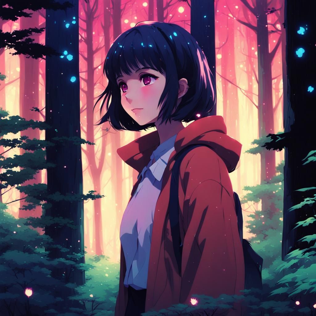 Anime Girl in Magical Forest, Pixiv Style