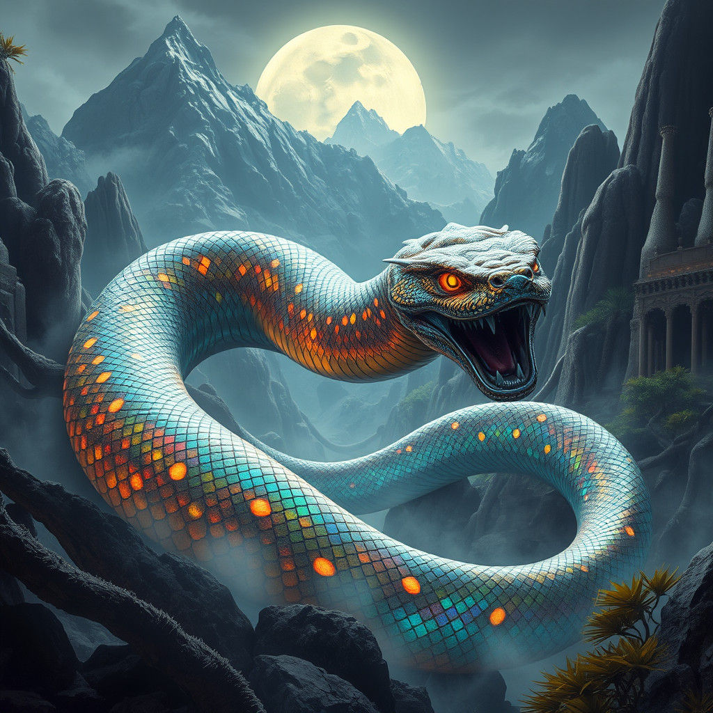 Glittering Serpent in Ancient Ruins: Fantasy Art