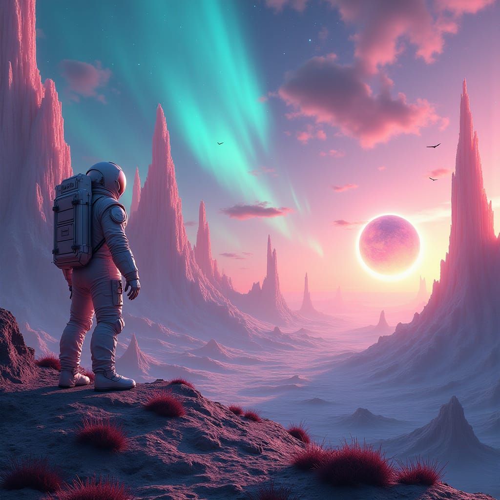 Astronaut on Exoplanet Gazing at Alien Landscape