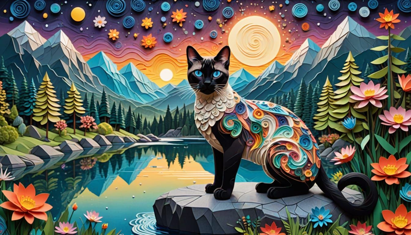 Siamese Cat in Luminescent Paper Art Landscape