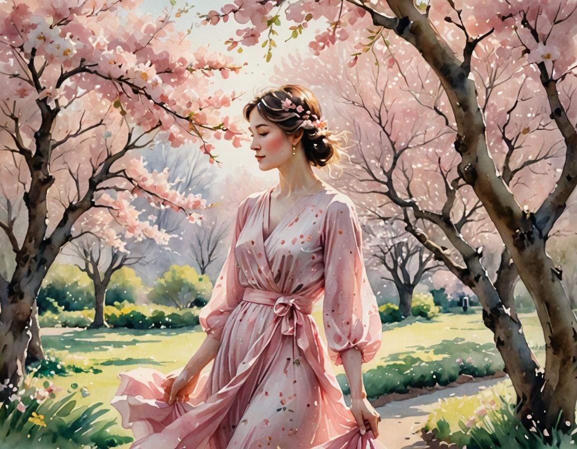 Woman in Pink Dress Beneath Cherry Blossoms