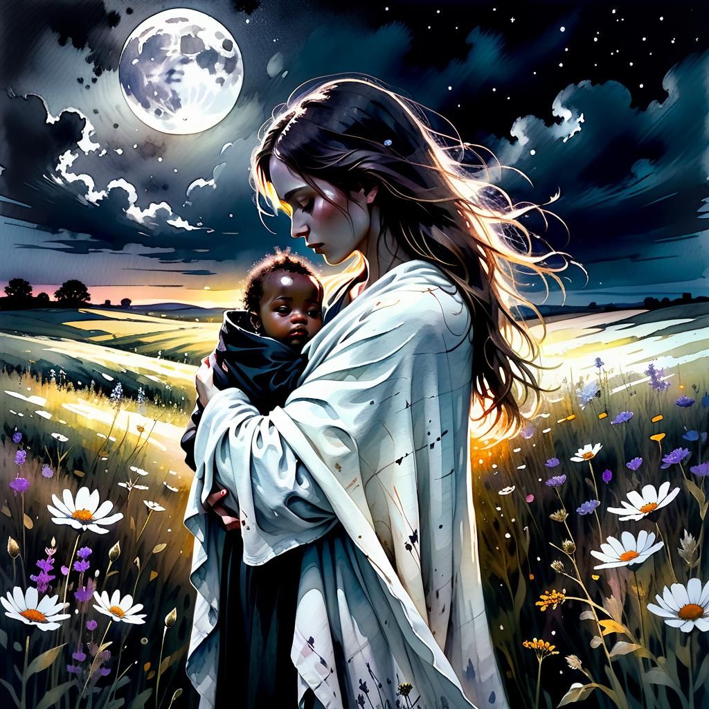 Watercolor of Woman with Baby Under Moonlit Sky