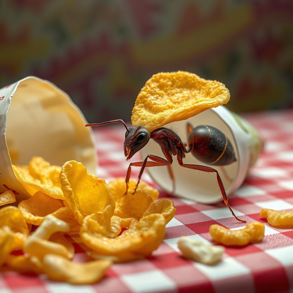 Hyperrealistic Ant Lifting Potato Chip on Picnic
