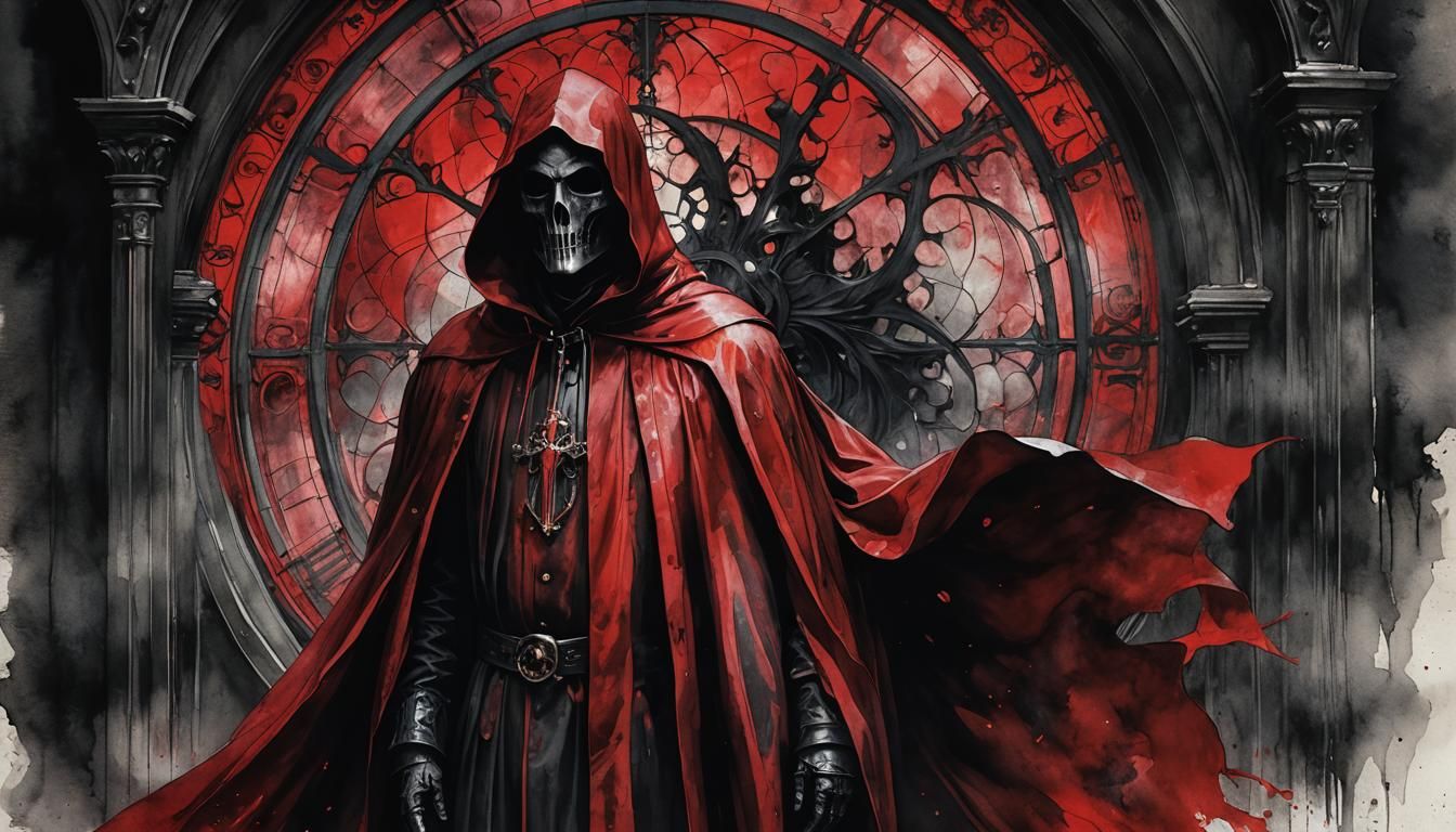 Ominous Crimson Figure Near Ebony Clock