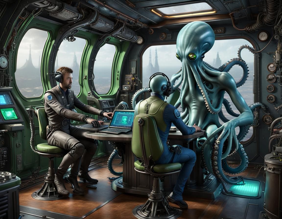 Steampunk Spaceship Control Room with Alien Crew