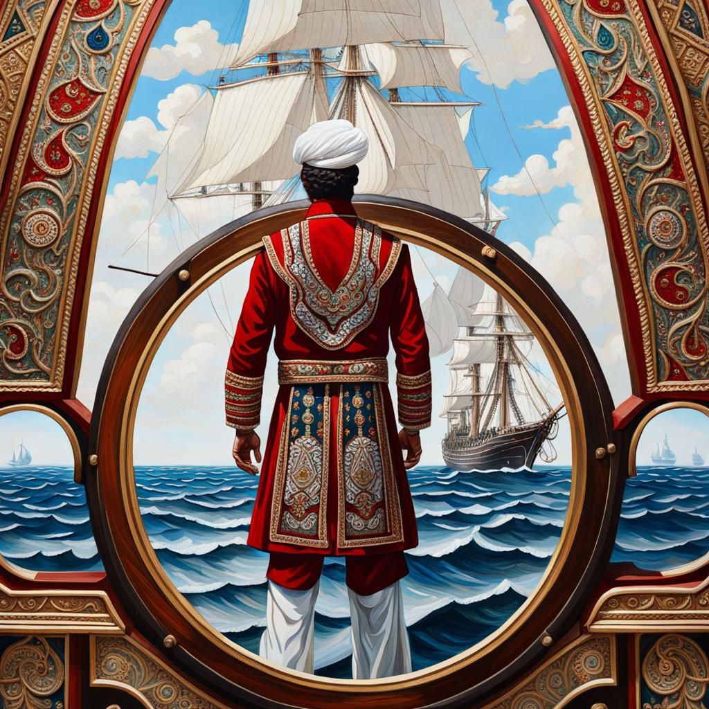 Yemeni Mariner Navigating the Seas: Oil Painting Triptych