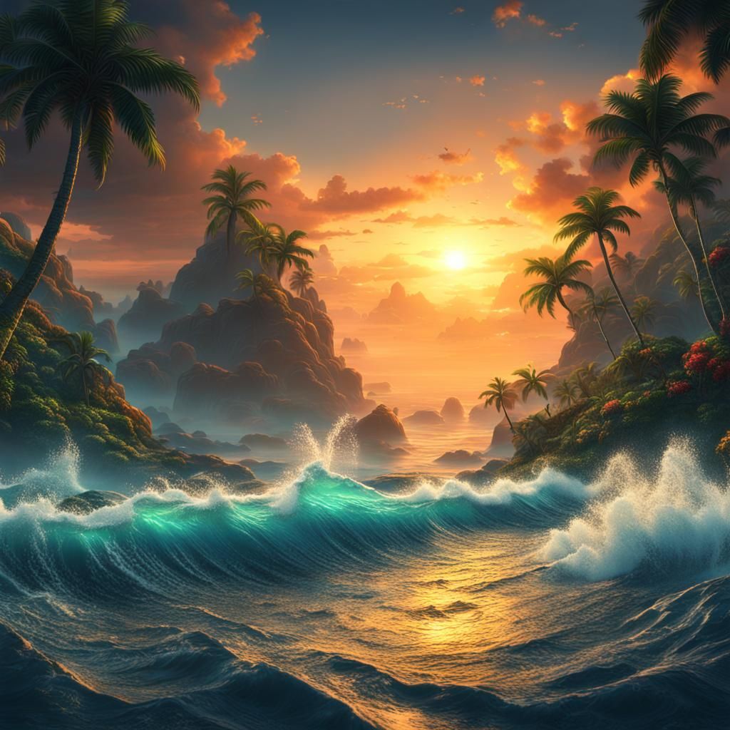 Spectacular Tropical Ocean Sunrise in Detailed Matte Paintin...