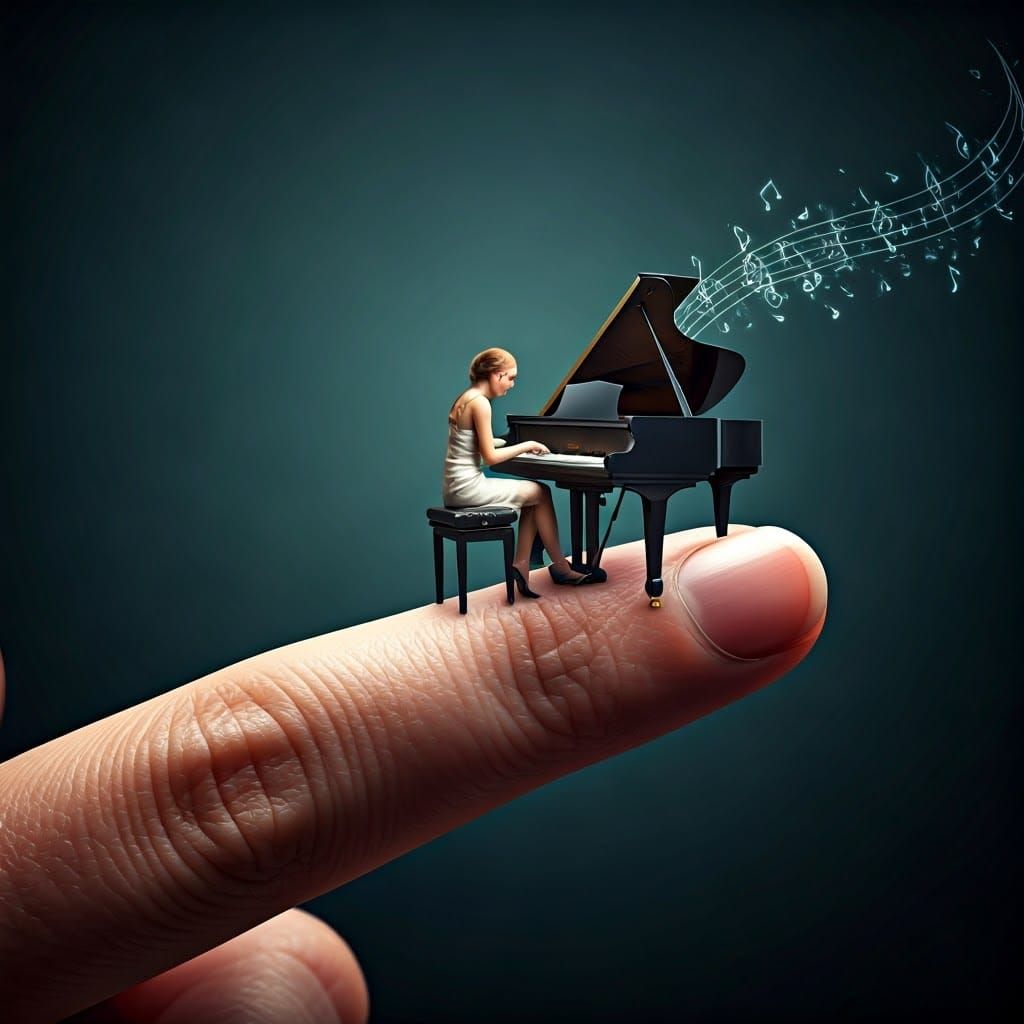 Microscopic Woman Plays Piano on Human Finger