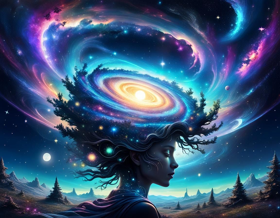 Surreal Galaxy Emanating from Head in 3D