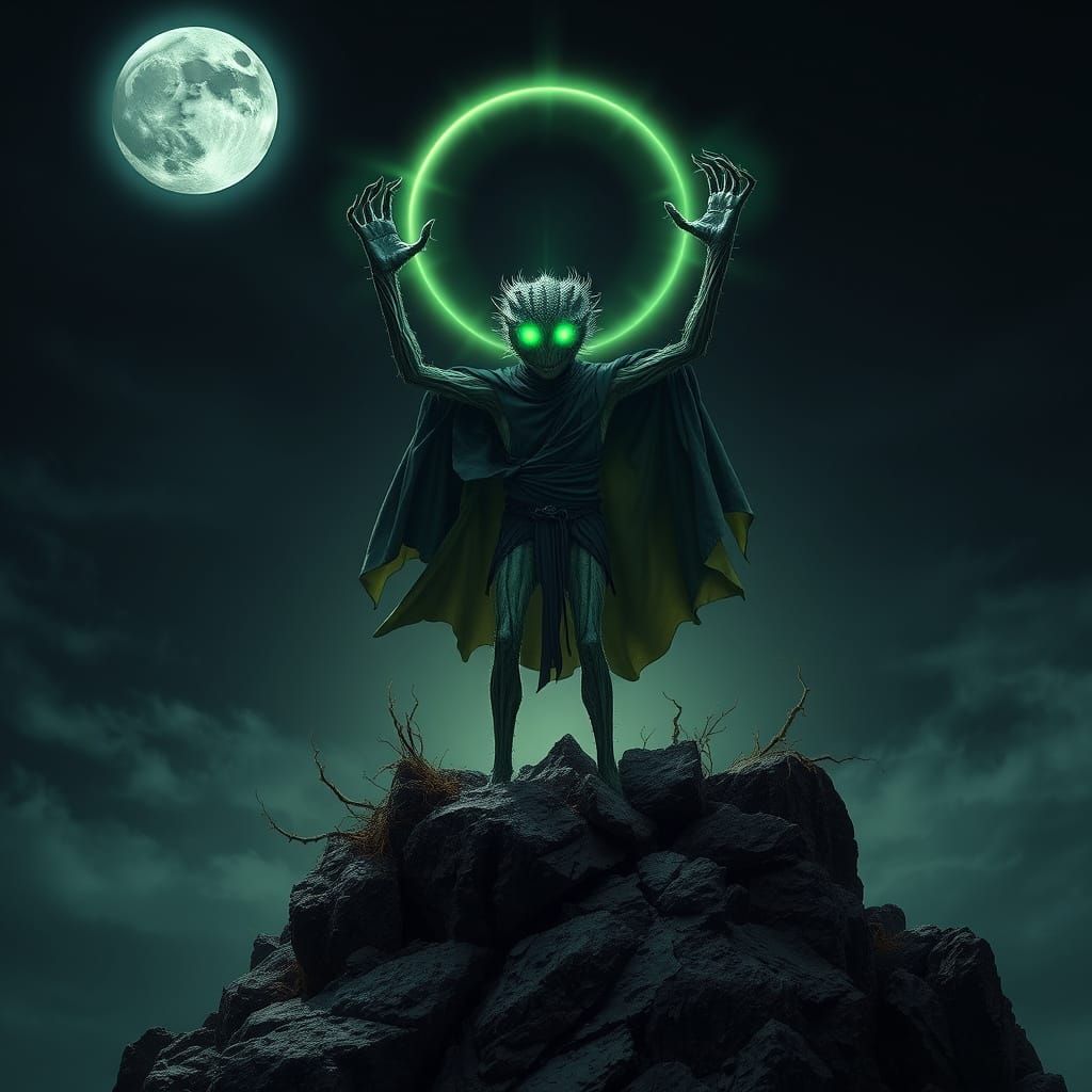 Surreal Cactus Sorcerer Weaves Dark Magic Under Moonlight