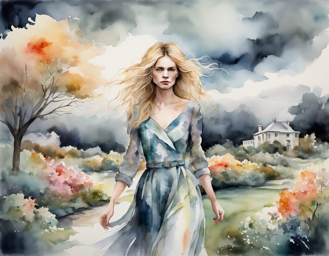 Whimsical Woman Strolls in Enchanted Garden