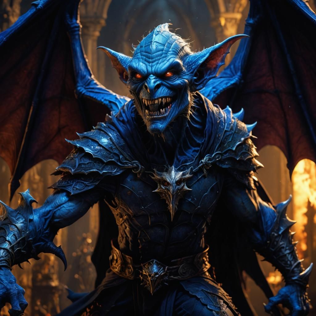Blue Goblin with Bat Wings: Detailed Matte Painting