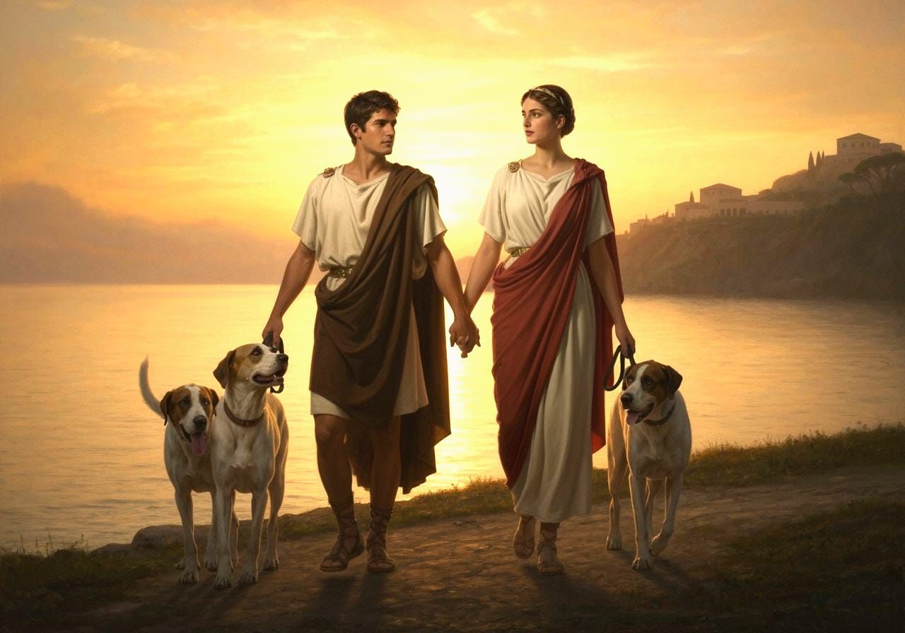 Roman Couple Strolling with Dogs at Sunset