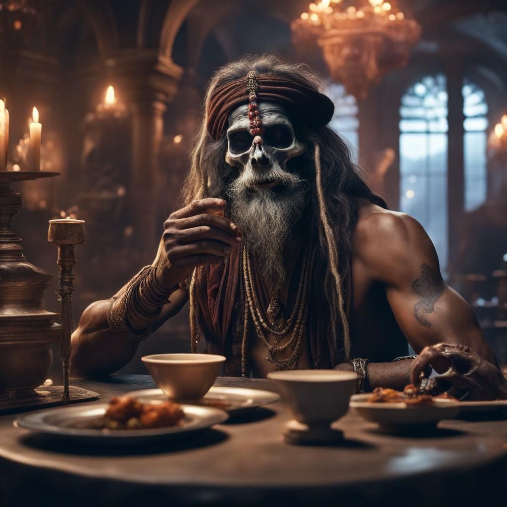 Aghori Drinks From Skull in Restaurant: Digital Painting