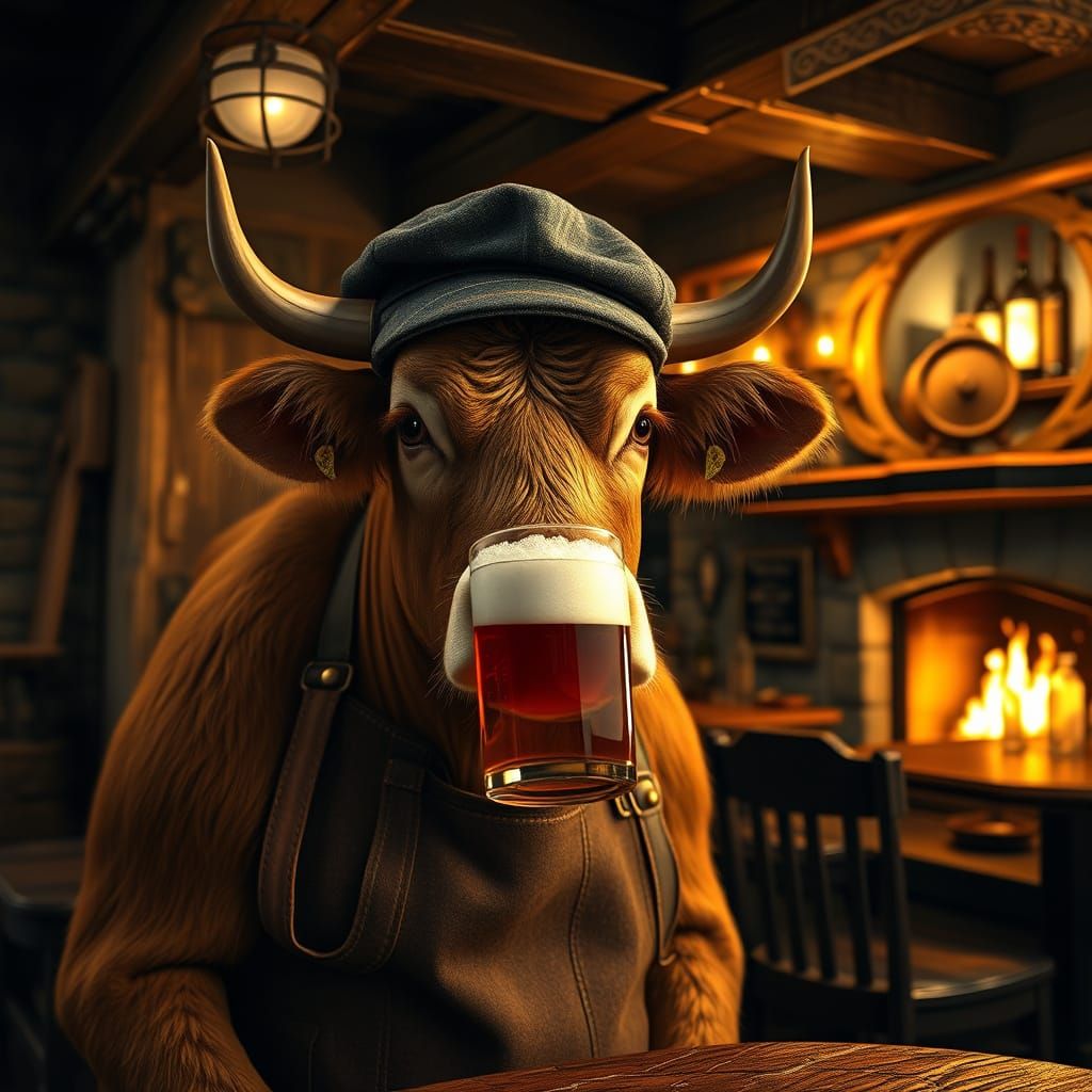 Tweed-Capped Highland Cow Sips Ale in Whimsical Pub