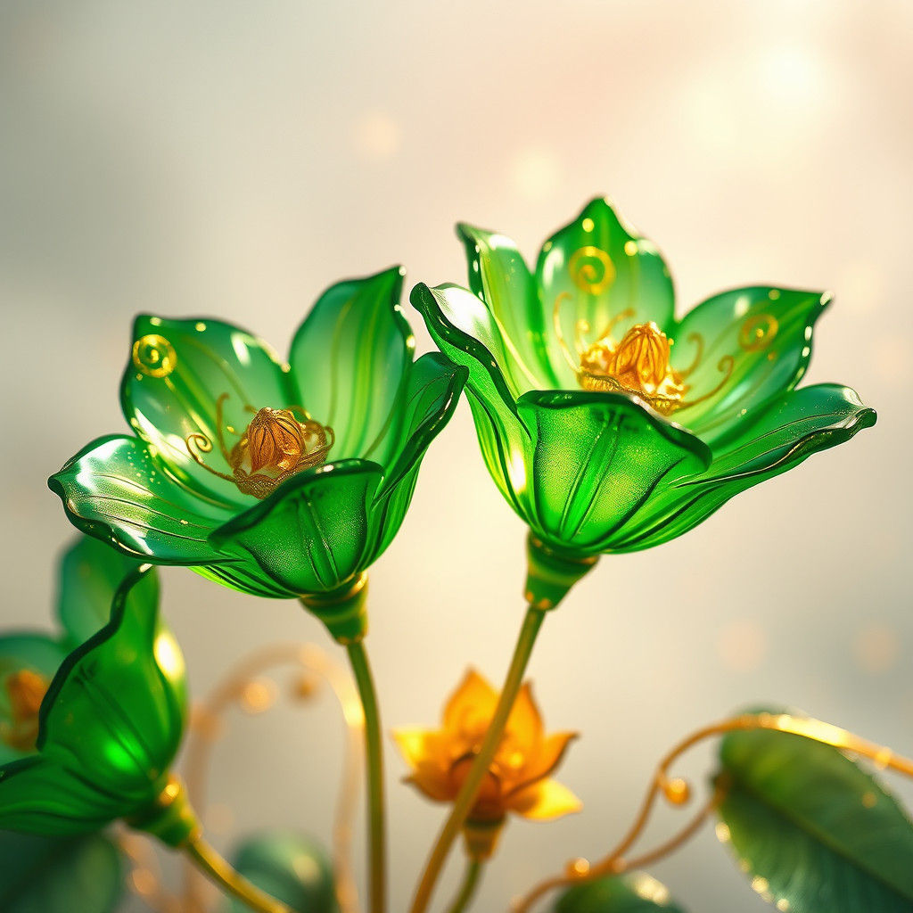 Green Glass Flowers with Gold Flecks in Matte Style