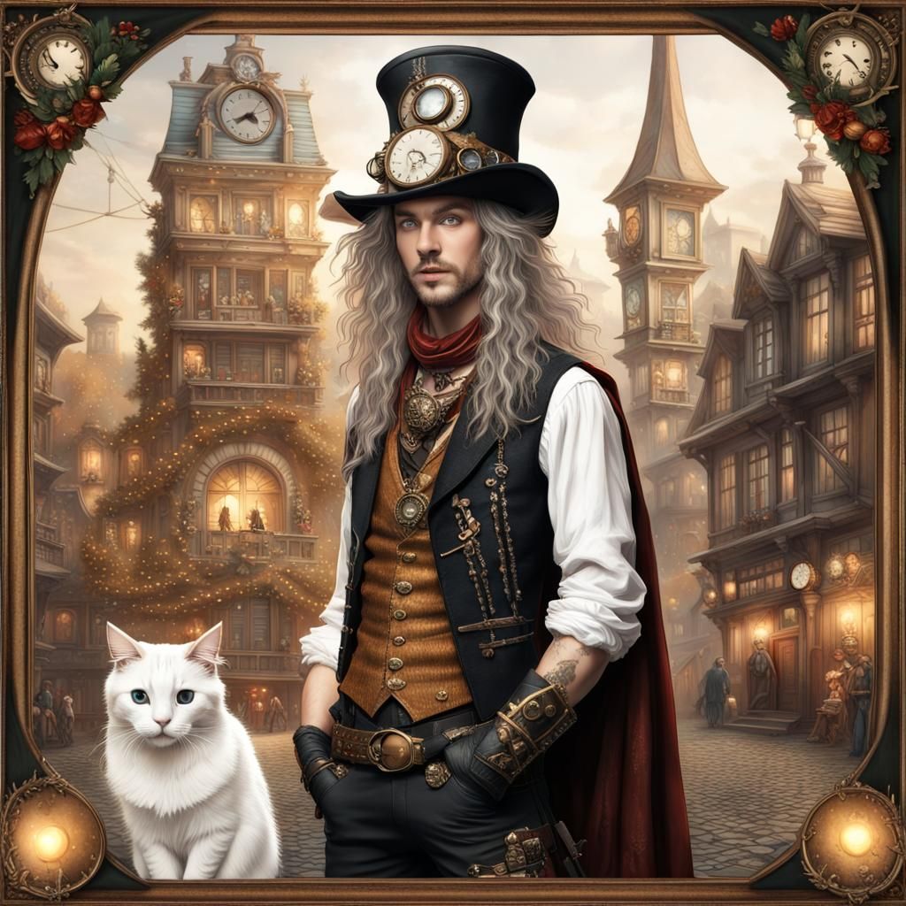 Steampunk Glam Rock Musician and Cat in Town Square