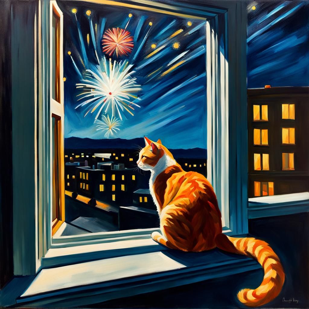 Ginger Cat at Window in Hopper Style