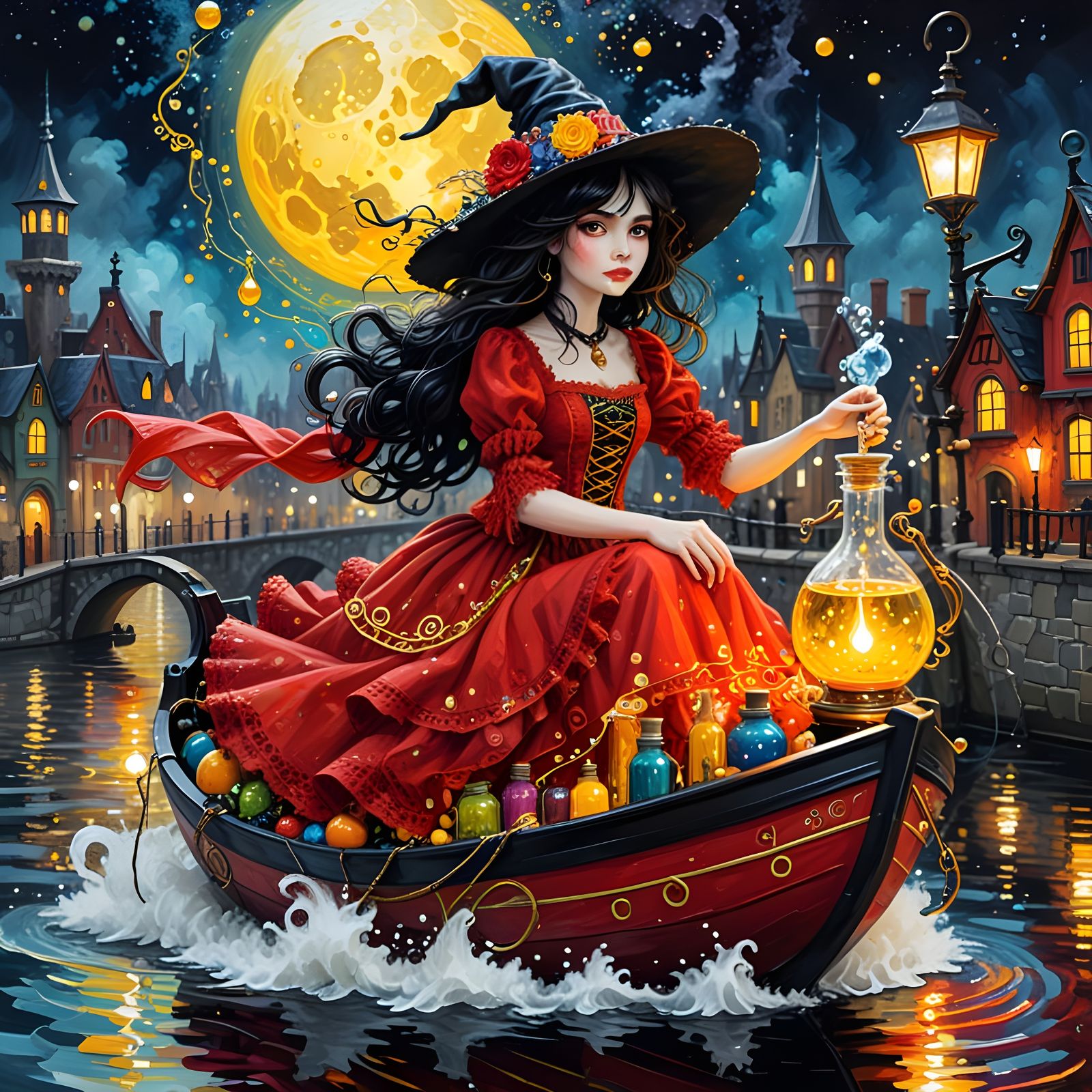 Klimt-Inspired Steampunk Witch with Magical Potions Boat