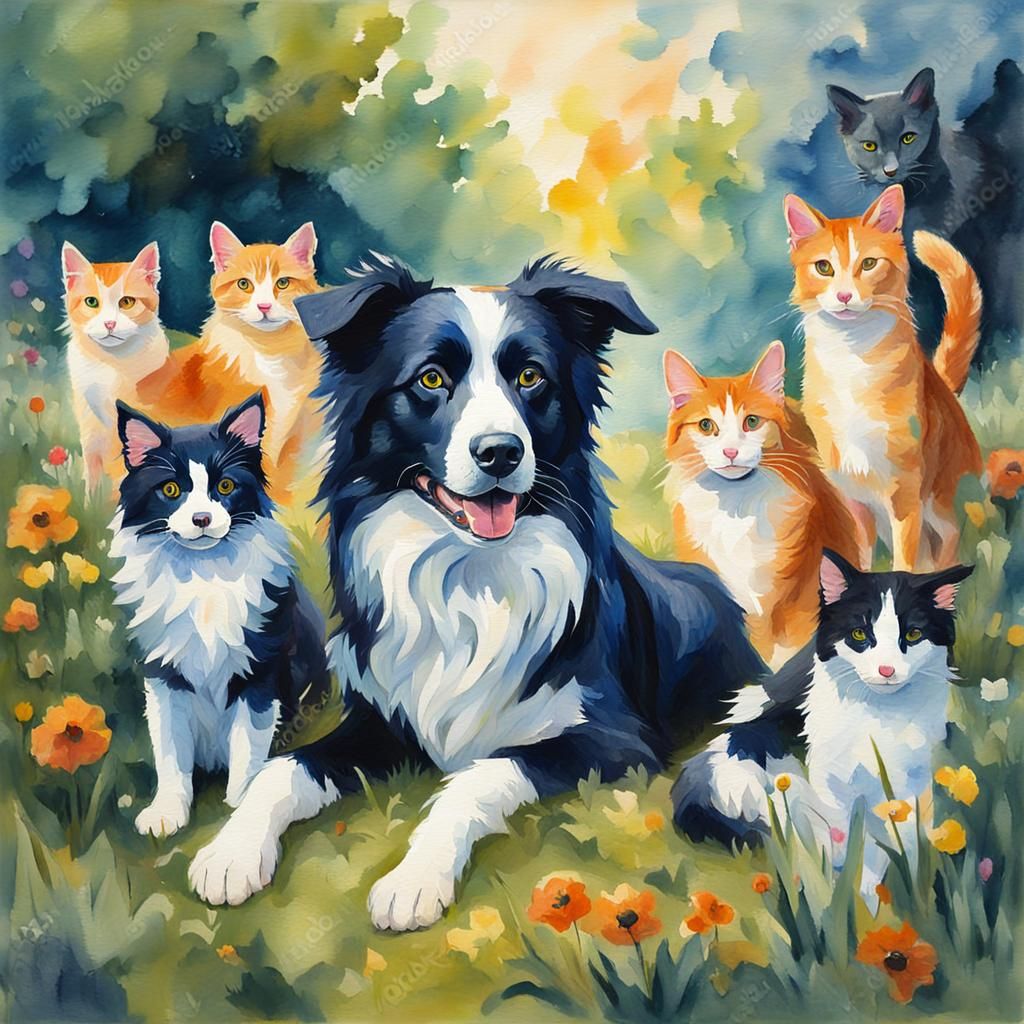 Border Collie and Cats in Gouache Watercolor Style