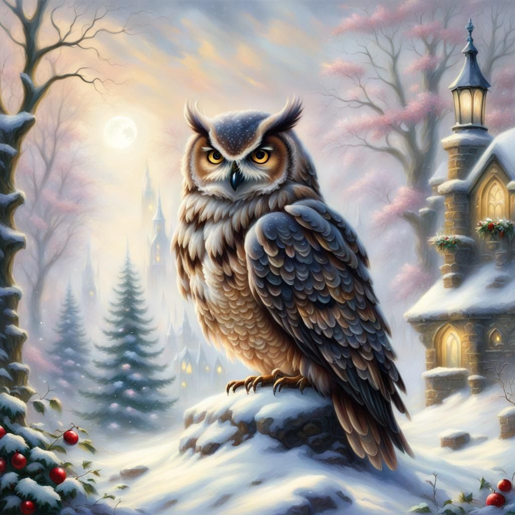 Gothic Christmas Owl in Snowy Fantasy Scene