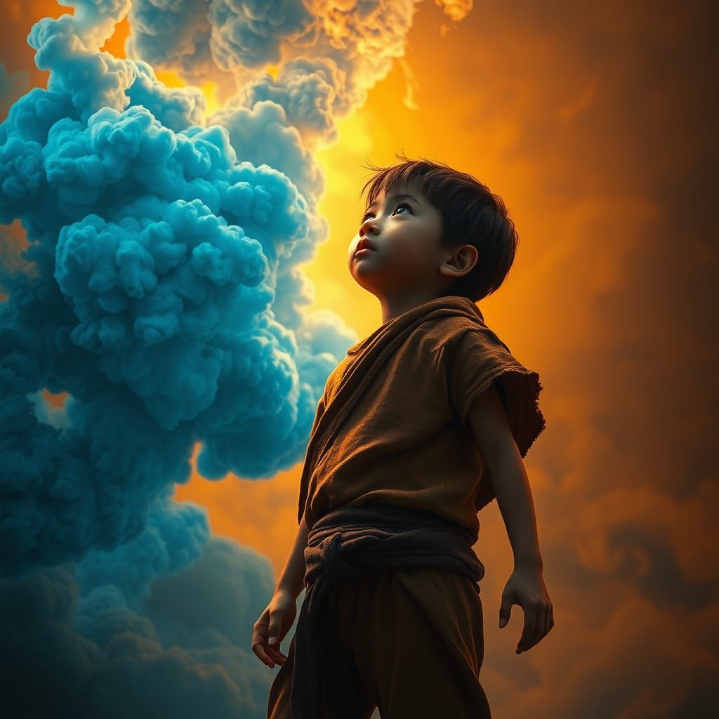 Boy in Awe of Ominous Blue Smoke Cloud
