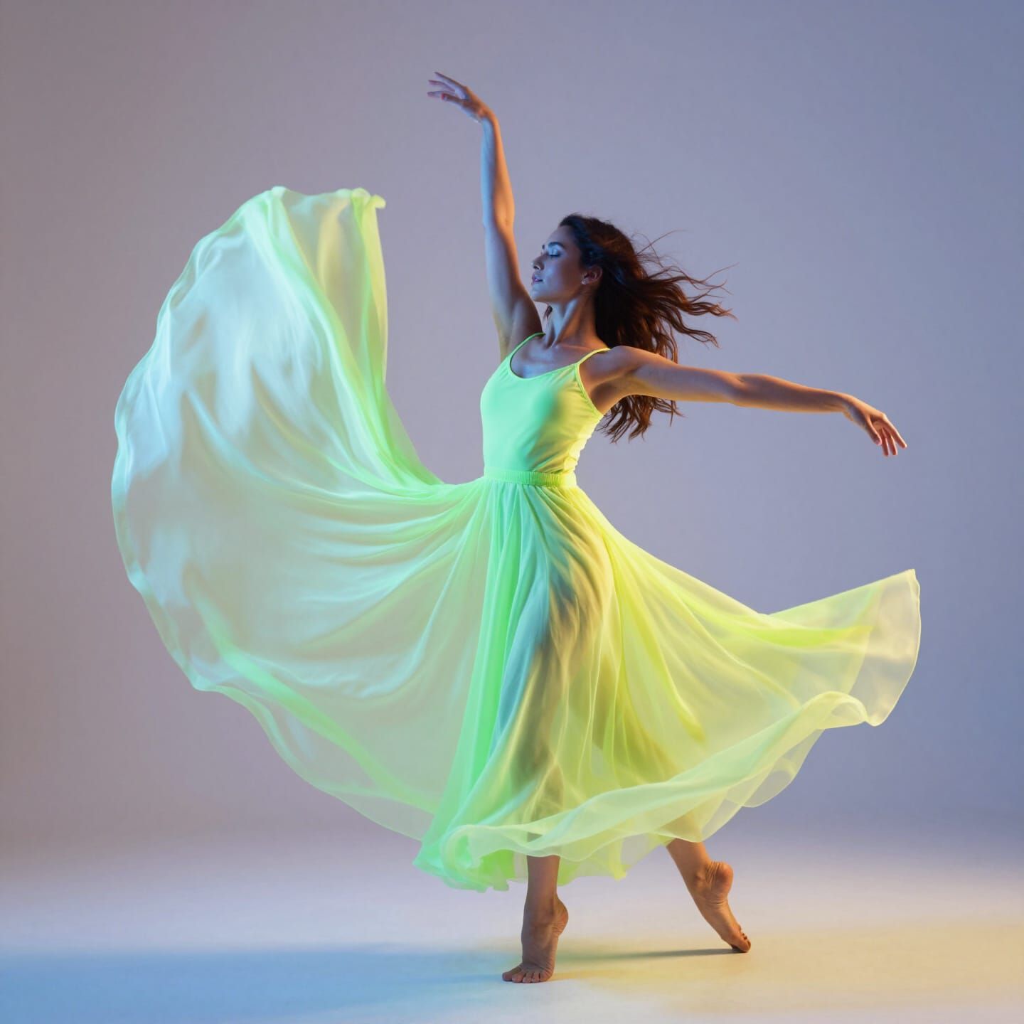 Brilliant Woman Dancing in Flowing Light Neon Dress
