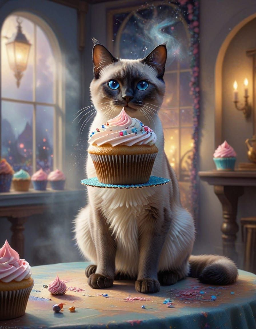Siamese Cat Gazes at Giant Cupcake