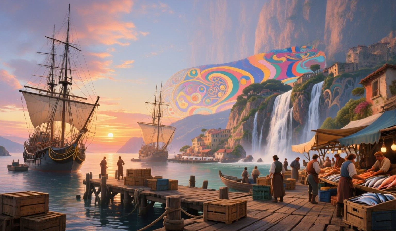 Italian Island Sunset with Ships and Fish Market