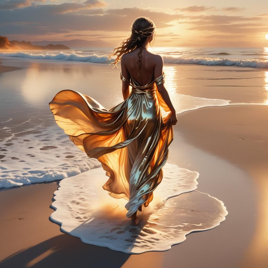 Roman Goddess Walks on Sunset Beach in Renaissance Style
