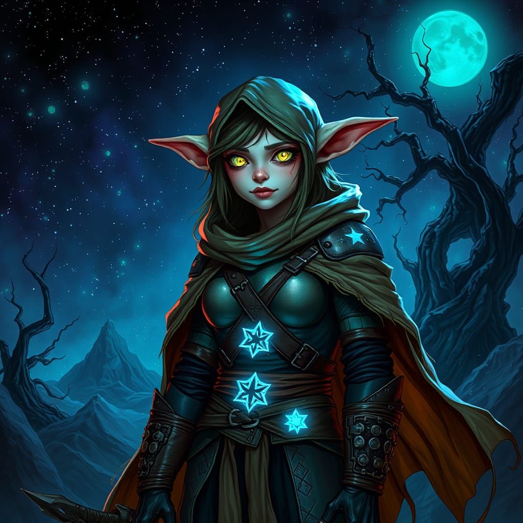 Goblin Warlock in Ninja Turtle Shell Armor Amidst Eldritch S...