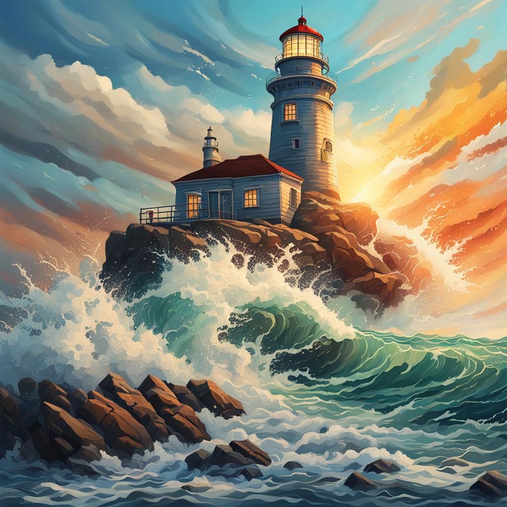 Ocean Waves Crash into Lighthouse: Hyperrealistic Splash Art