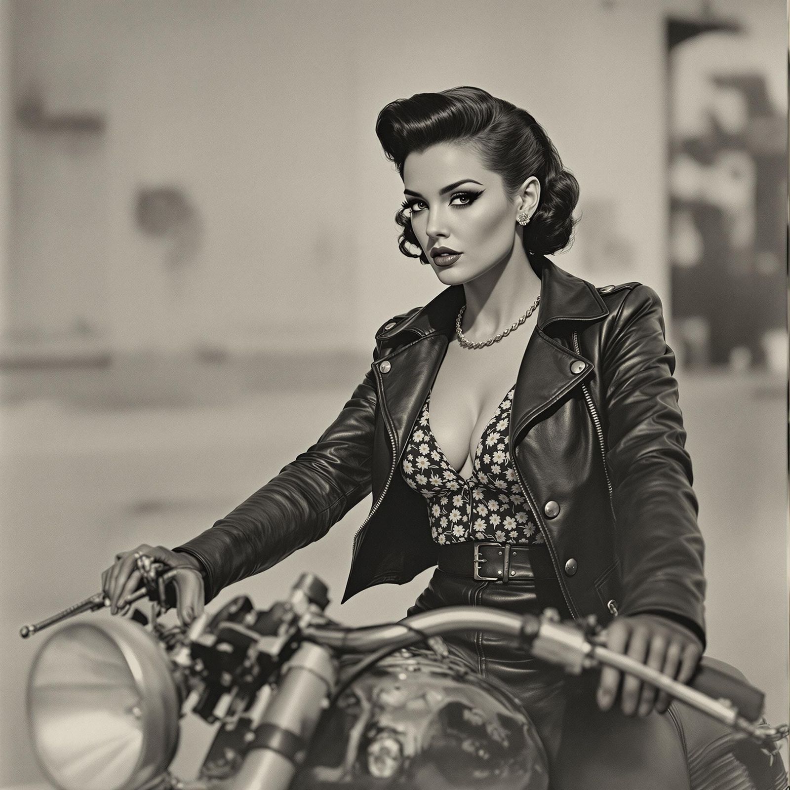 1950s Biker Queen on Motorcycle in Pop Surrealism Style
