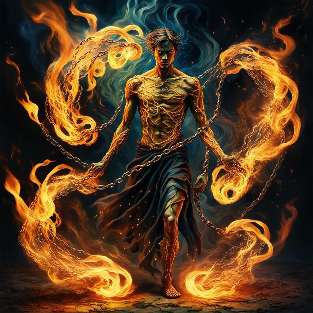 Empowering Figure Amidst Ethereal Flames: Surreal Art