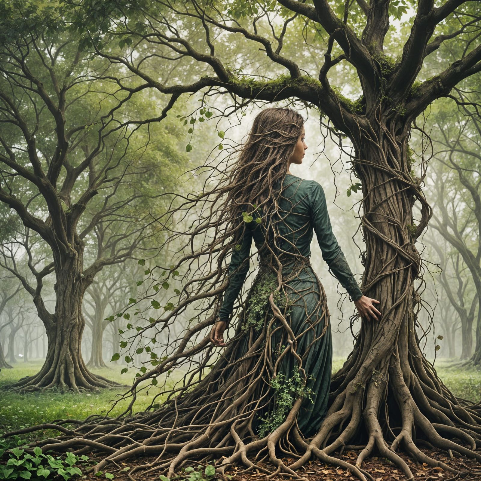 Woman Merging with Tree: Return to Nature