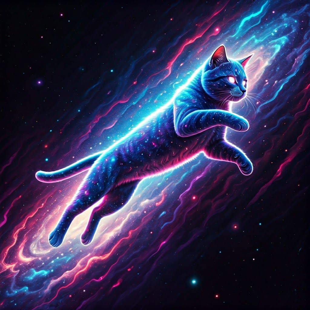 Cosmic Feline Soars Through Vibrant Nebulae