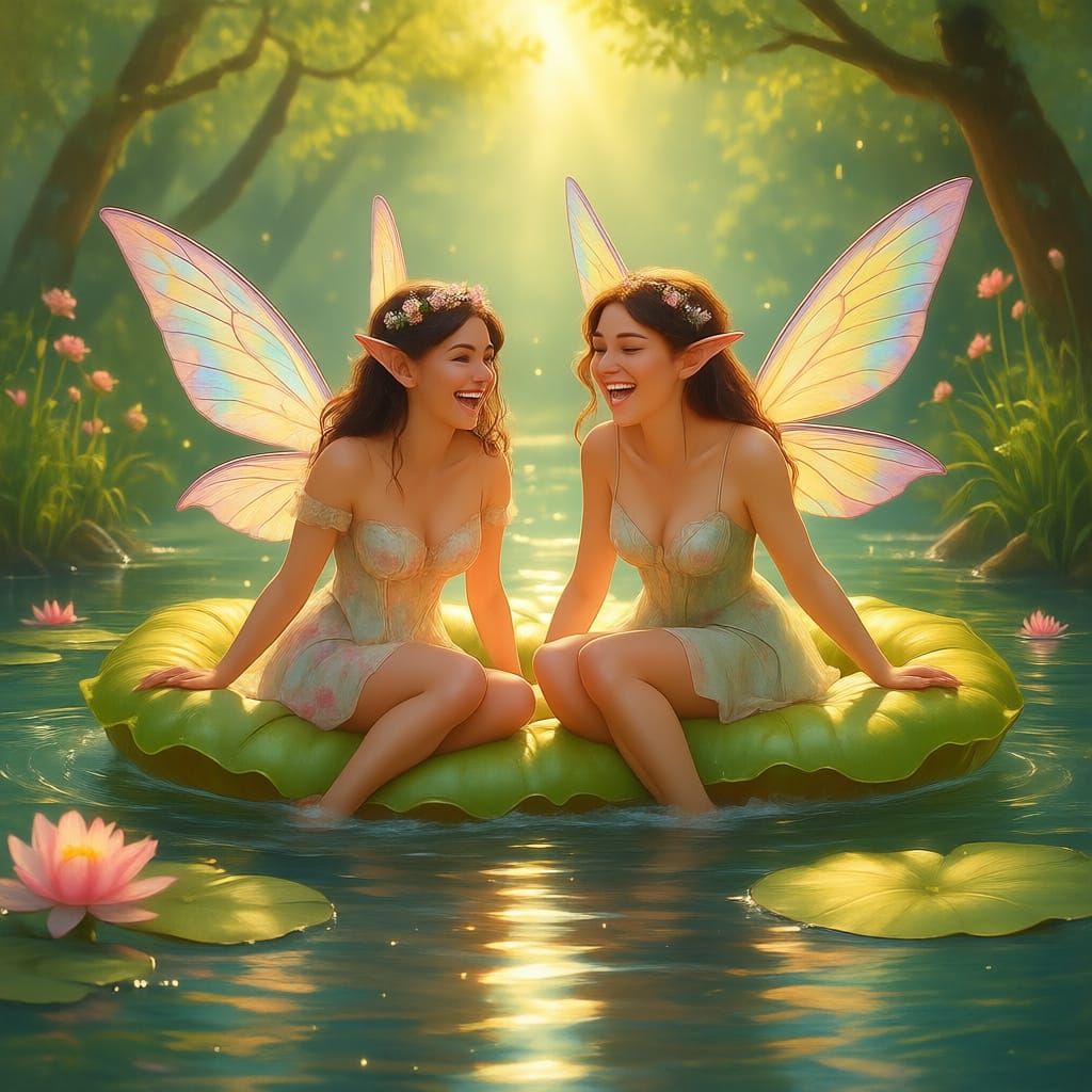 Lesbian Fairies Tobogganing on a River