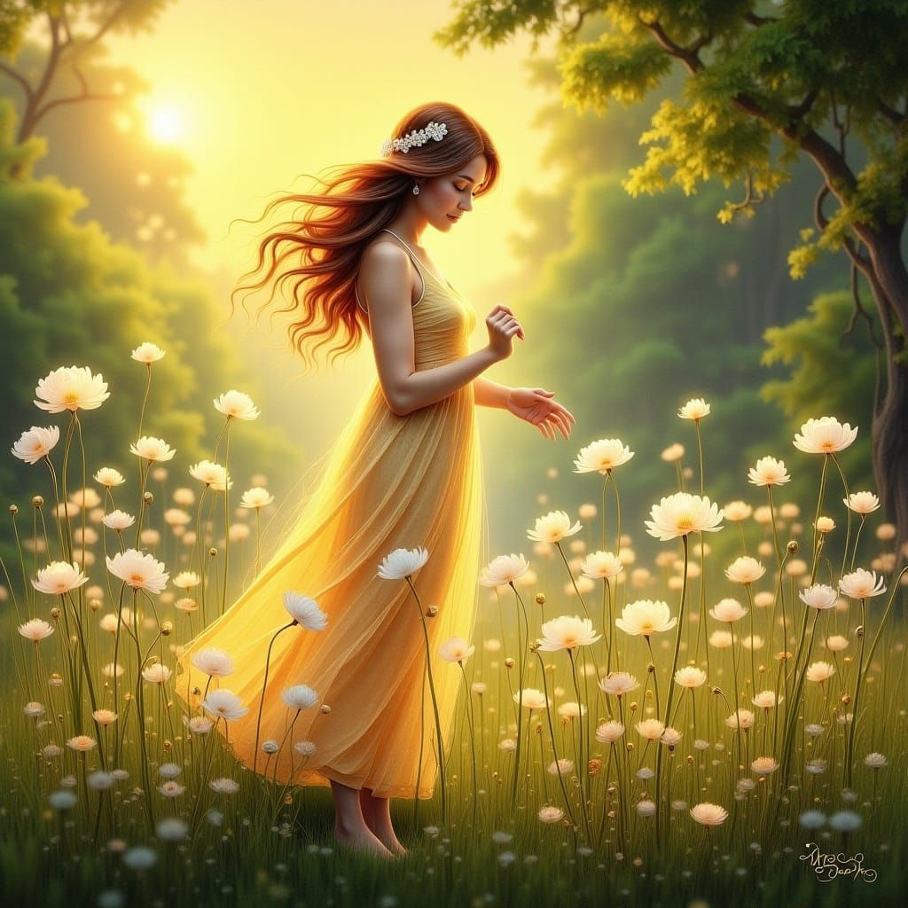 Ethereal Woman in Meadow: Impressionistic Style