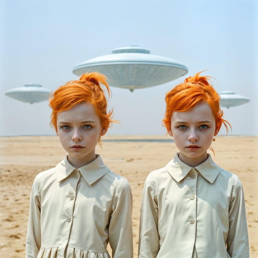 Two Girls Stand on a Deserted Beach, Gazing Up at Hovering F...