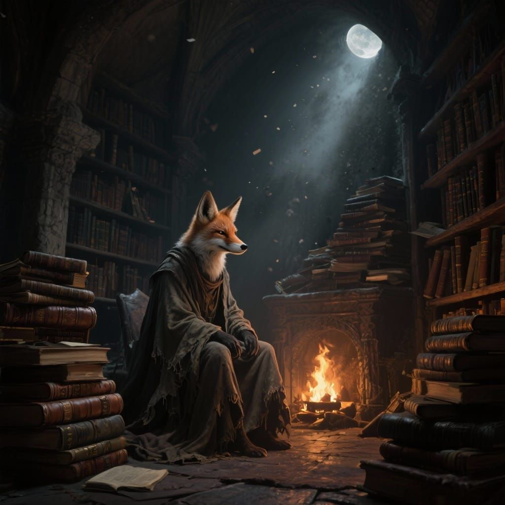 Scholarly Fox by Firelight in Ancient Library