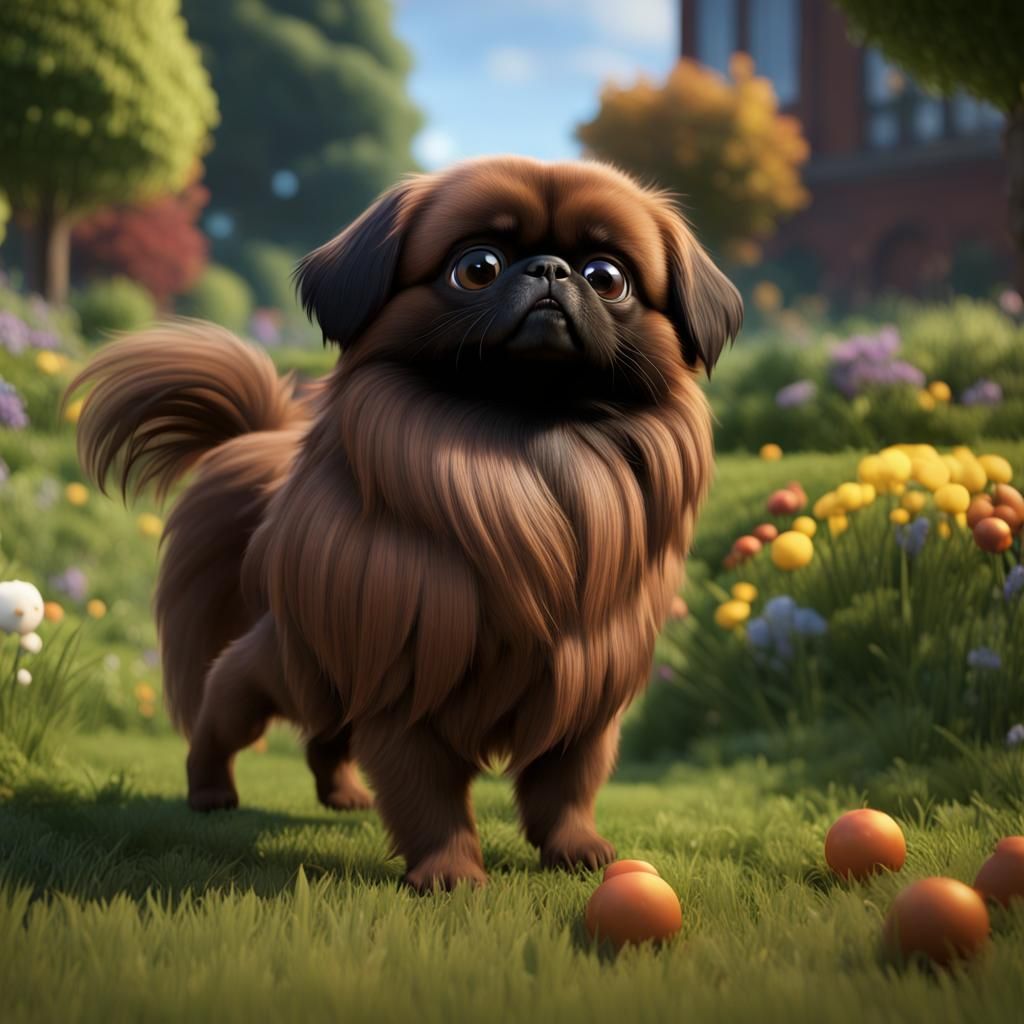 Pekingese Plays in Field: Unreal Engine 5 Graphics